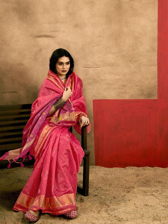 Rani Pink Banarasi Silk Saree with Geometric Zari Pallu