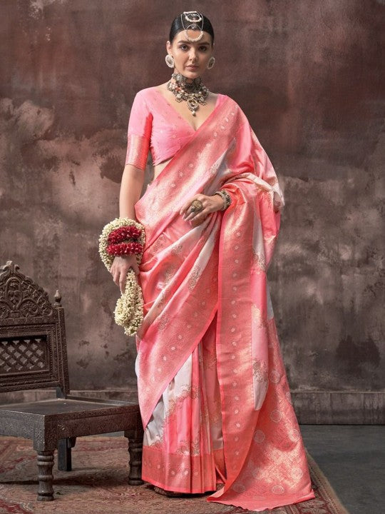 Blush Pink Banarasi Silk Saree with Intricate Zari Work & Unstitched Blouse