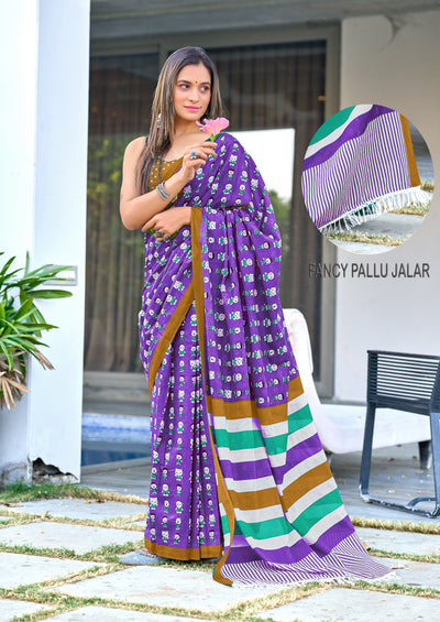 Purple Cartoon Pure Mul Figure Print With Fancy Zalar Saree