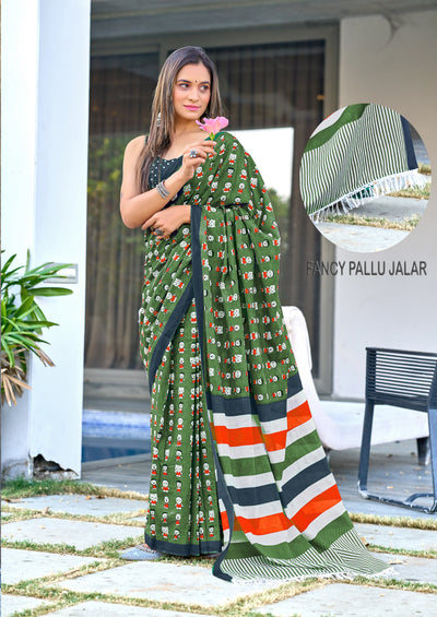 Green Cartoon Pure Mul Figure Print With Fancy Zalar Saree