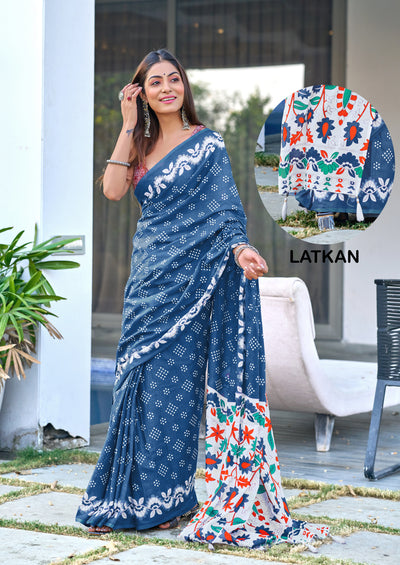 Grey Blue Damini Ethnic Pure Mul Bandhani Print With Latkan Saree
