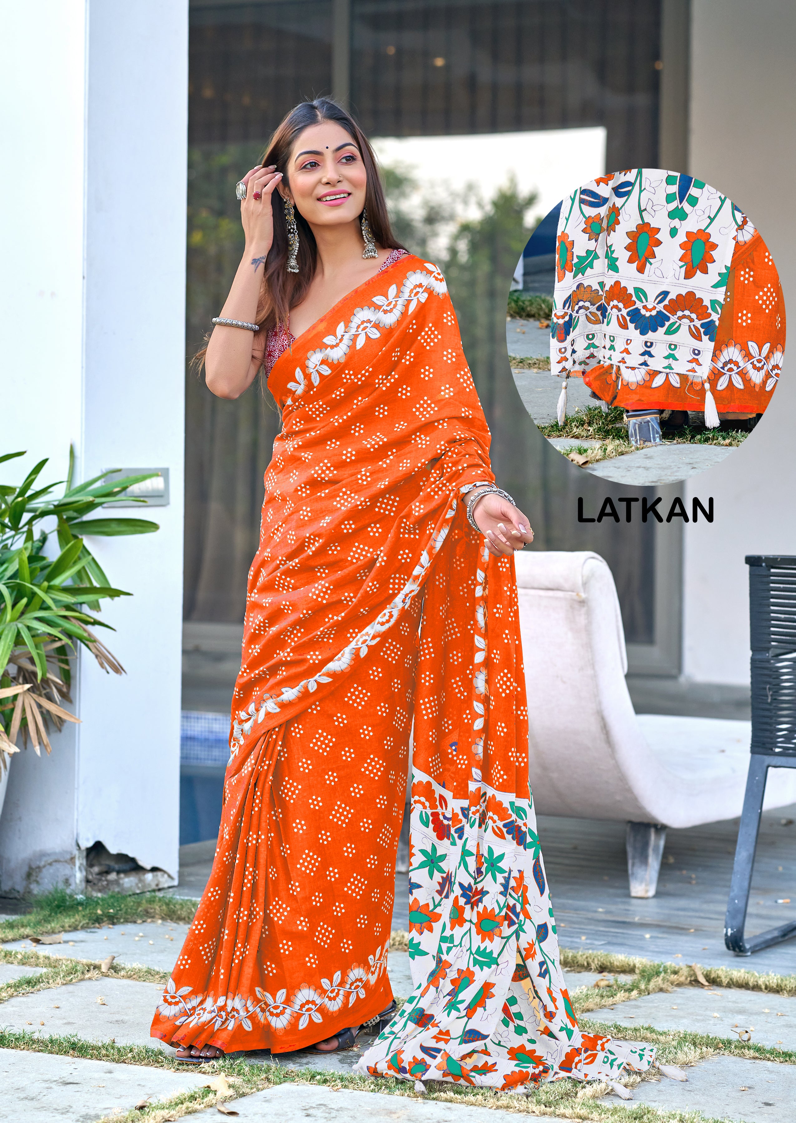 Orange Damini Ethnic Pure Mul Bandhani Print With Latkan Saree