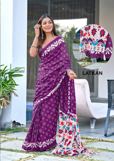 Magenta Damini Ethnic Pure Mul Bandhani Print With Latkan Saree