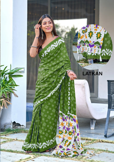 Green Damini Ethnic Pure Mul Bandhani Print With Latkan Saree