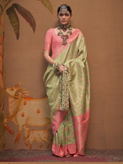 Pastel Green & Pink Banarasi Saree with Zari Stripes and Geometric Border