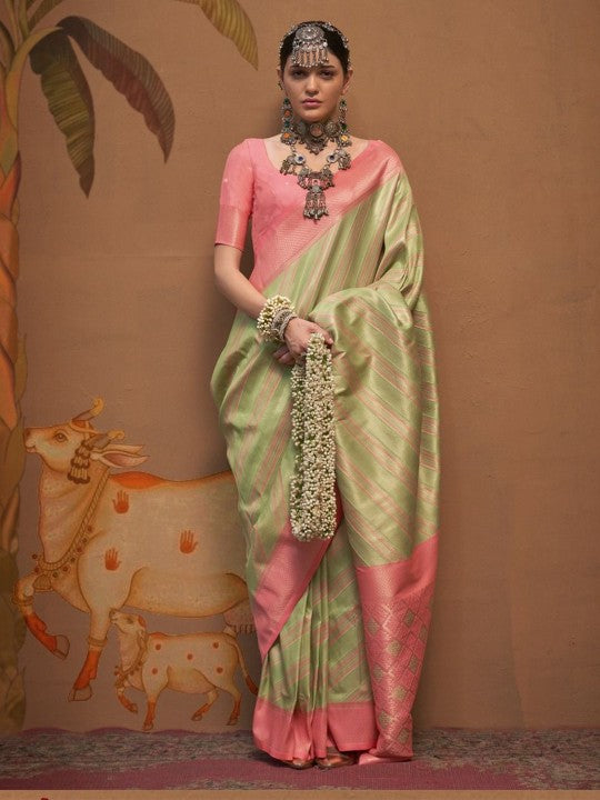 Pastel Green & Pink Banarasi Saree with Zari Stripes and Geometric Border