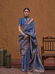 Blue & Gold-Toned Banarasi Saree with Zari Highlights and Contrast Border