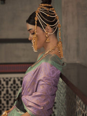Mint Green & Lavender Banarasi Saree with Zari Motifs and Contrasting Color Block Design