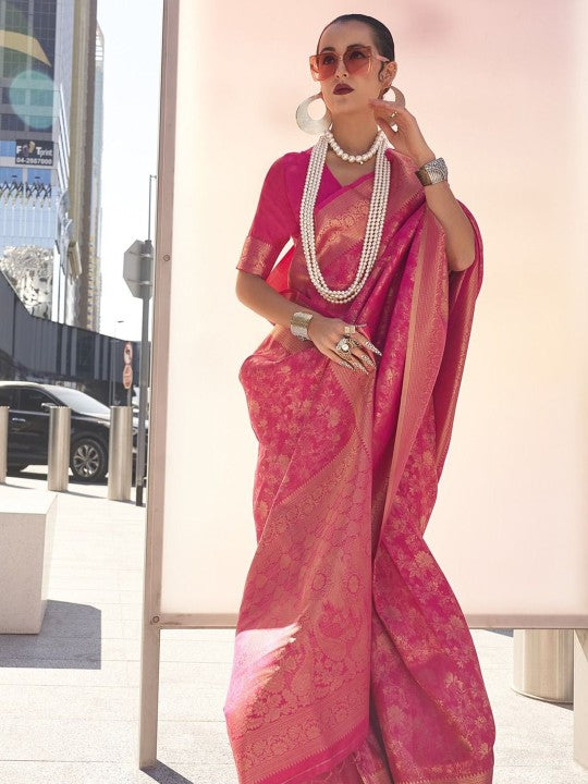 Vibrant Pink Banarasi Saree with Gold Zari Border & Unstitched Blouse