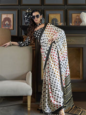 Multicolor Polka Dot Printed Saree in Black & White with Striped Pallu