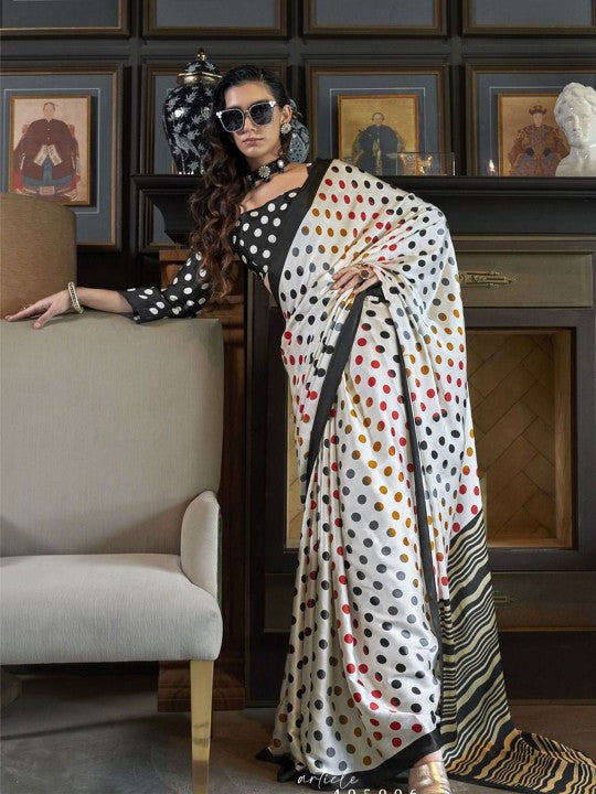 Multicolor Polka Dot Printed Saree in Black & White with Striped Pallu
