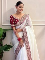 White RV Embellished Net Saree with Sequin and Jari Dori Lace Border