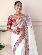 White RV Embellished Net Saree with Sequin and Jari Dori Lace Border