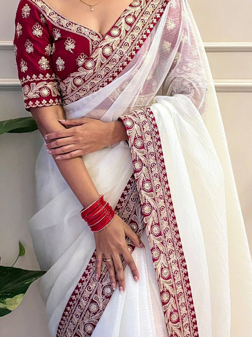 White RV Embellished Net Saree with Sequin and Jari Dori Lace Border
