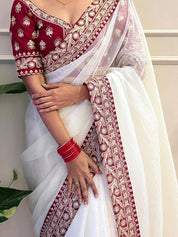 White RV Embellished Net Saree with Sequin and Jari Dori Lace Border