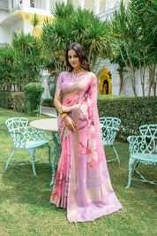 Baby Pink Anamika Pure Mul Batik Printed Cotton Saree with Minimal Motif