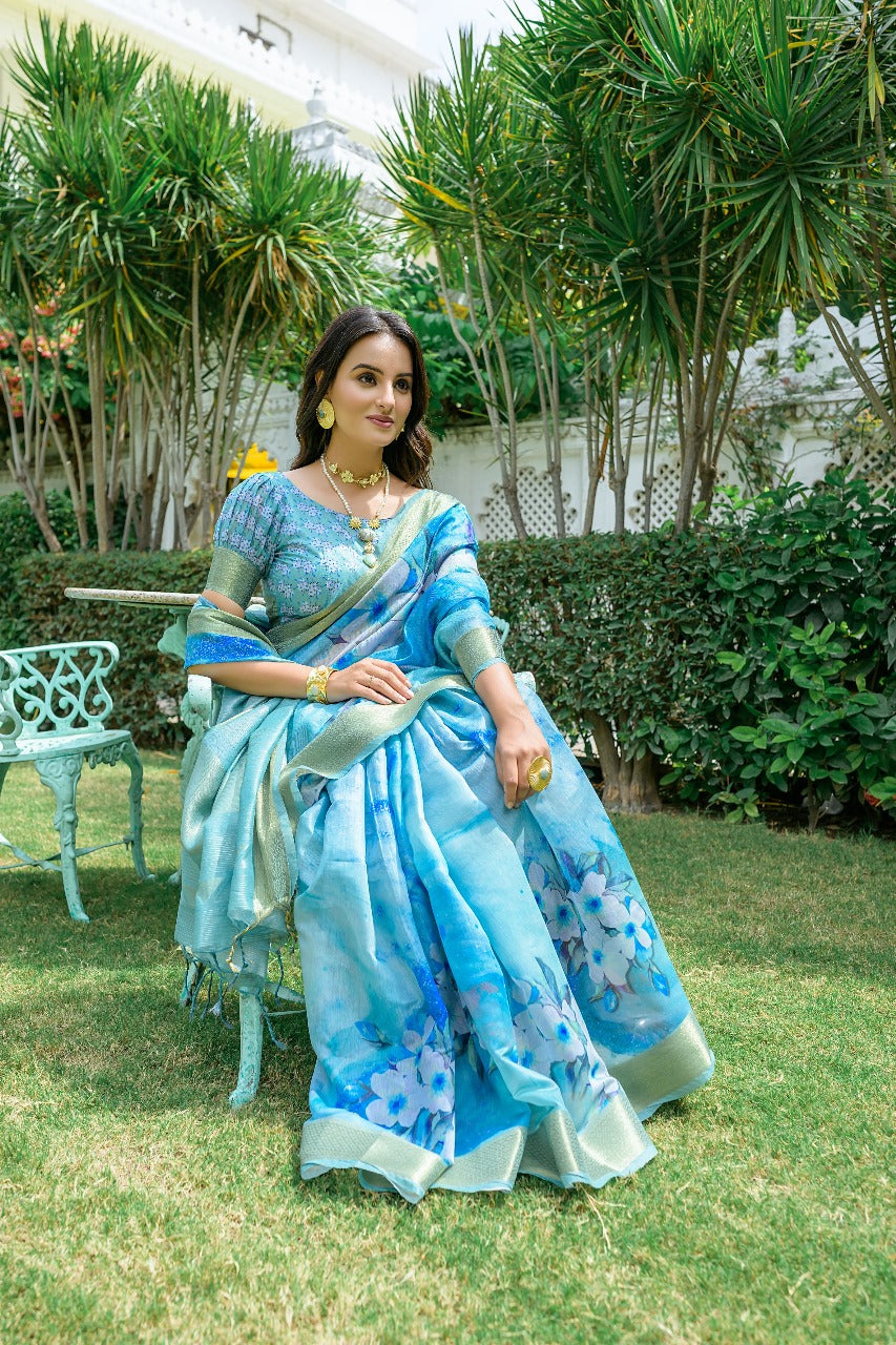Sky Blue Anamika Pure Mul Batik Printed Cotton Saree – Classic Batik