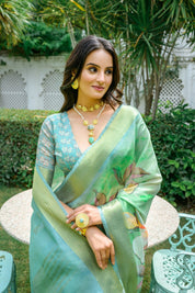 Sea Green Anamika Pure Mul Batik Printed Cotton Saree – Floral Weave