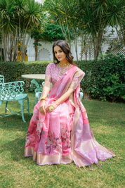 Baby Pink Anamika Pure Mul Batik Printed Cotton Saree with Minimal Motif