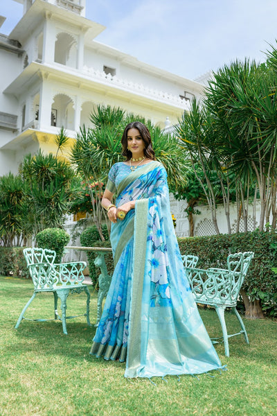 Sky Blue Anamika Pure Mul Batik Printed Cotton Saree – Classic Batik