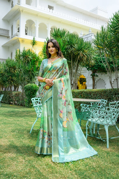 Sea Green Anamika Pure Mul Batik Printed Cotton Saree – Floral Weave