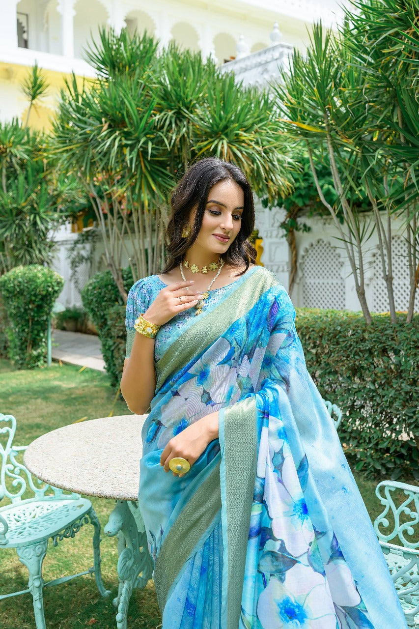 Sky Blue Anamika Pure Mul Batik Printed Cotton Saree – Classic Batik