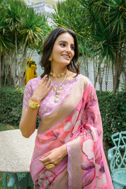 Baby Pink Anamika Pure Mul Batik Printed Cotton Saree with Minimal Motif