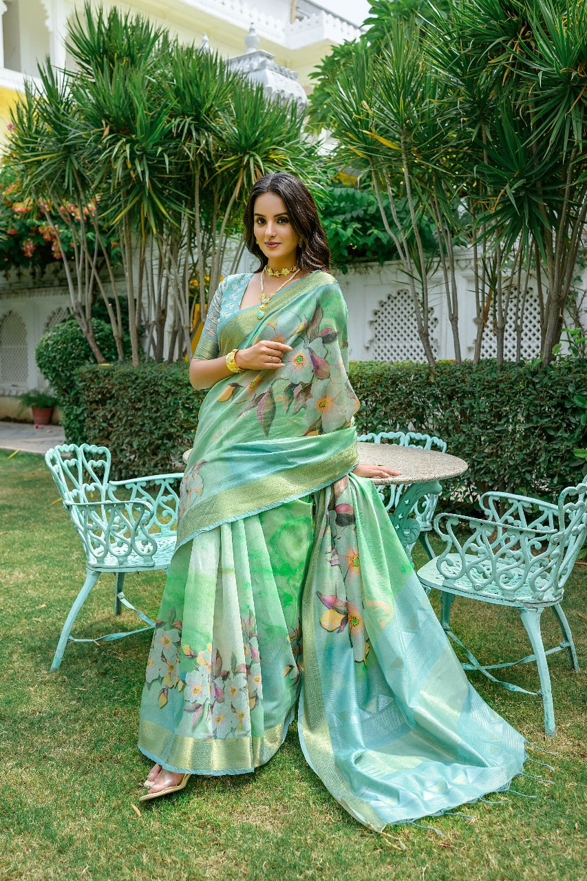 Sea Green Anamika Pure Mul Batik Printed Cotton Saree – Floral Weave