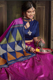 Pink Raw Handloom Silk Ikkat Woven Saree with Zari Contrast Pallu & Triangle Border