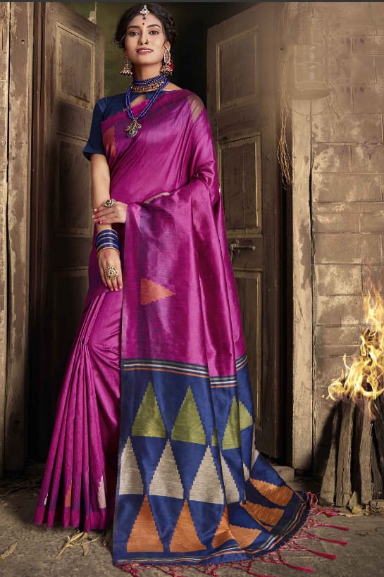 Pink Raw Handloom Silk Ikkat Woven Saree with Zari Contrast Pallu & Triangle Border