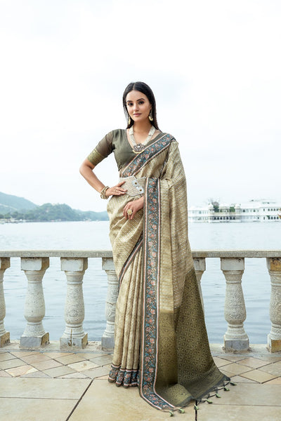 Mehendi Bhavna Soft Silk Printed Saree with Zari Pallu & Contrast Floral Border