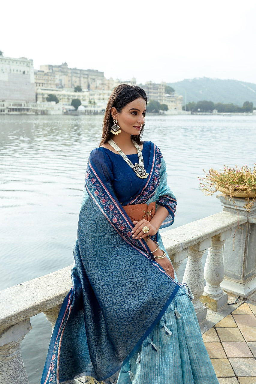 Blue Soft Silk Bhavna Printed Saree with Zari Pallu & Contrast Floral Border