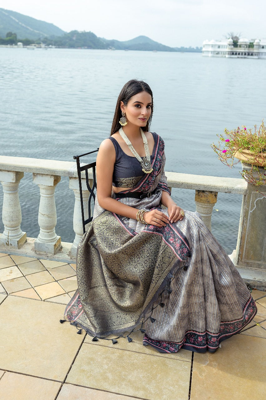 Grey Soft Silk Bhavna Printed Saree with Zari Pallu & Contrast Floral Border