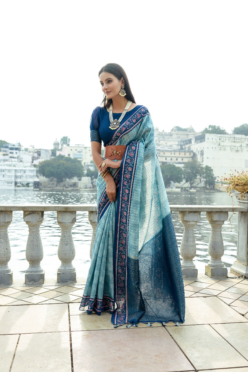Blue Soft Silk Bhavna Printed Saree with Zari Pallu & Contrast Floral Border