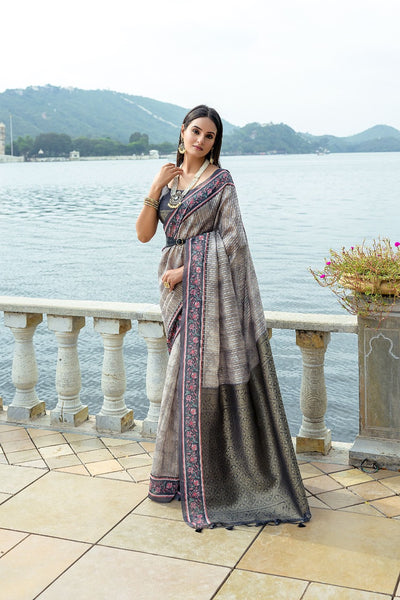 Grey Soft Silk Bhavna Printed Saree with Zari Pallu & Contrast Floral Border