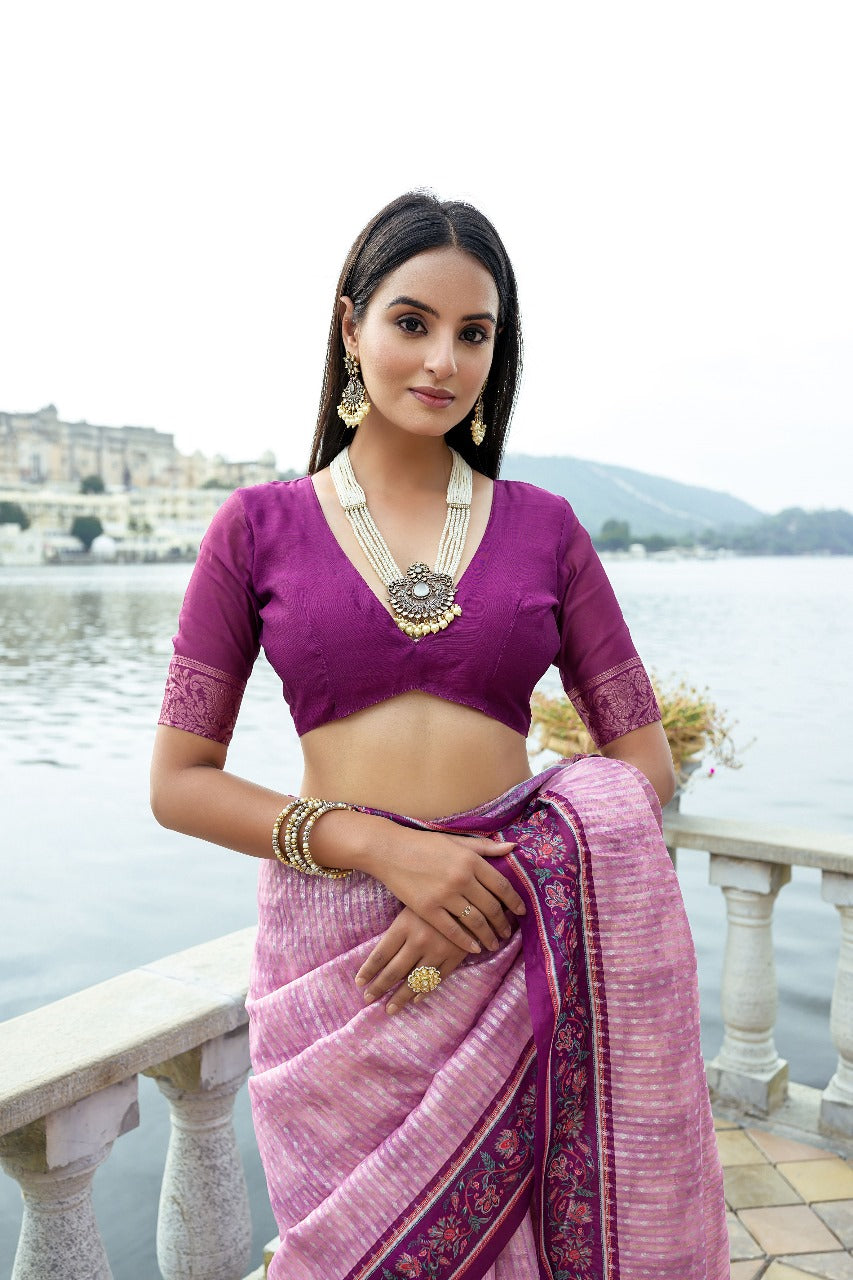 Pink Soft Silk Bhavna Printed Saree with Zari Pallu & Contrast Floral Border