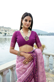 Pink Soft Silk Bhavna Printed Saree with Zari Pallu & Contrast Floral Border