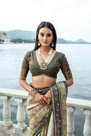 Mehendi Bhavna Soft Silk Printed Saree with Zari Pallu & Contrast Floral Border