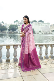 Pink Soft Silk Bhavna Printed Saree with Zari Pallu & Contrast Floral Border