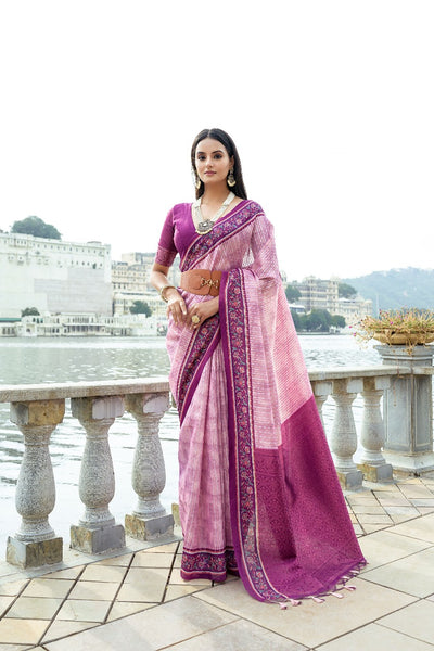 Pink Soft Silk Bhavna Printed Saree with Zari Pallu & Contrast Floral Border