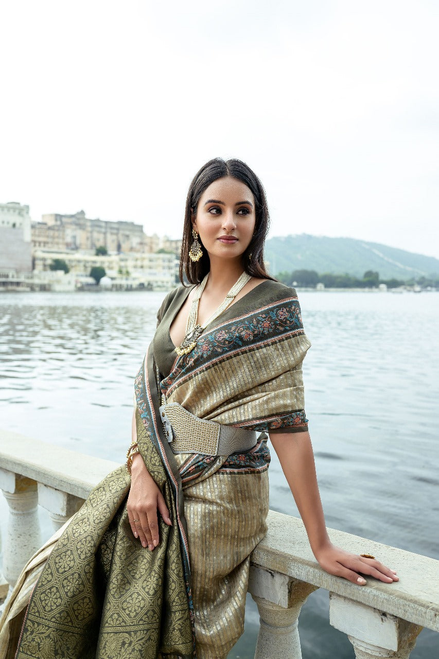 Mehendi Bhavna Soft Silk Printed Saree with Zari Pallu & Contrast Floral Border