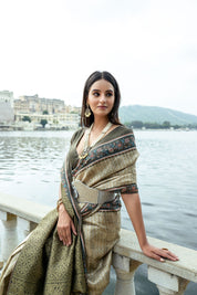 Mehendi Bhavna Soft Silk Printed Saree with Zari Pallu & Contrast Floral Border