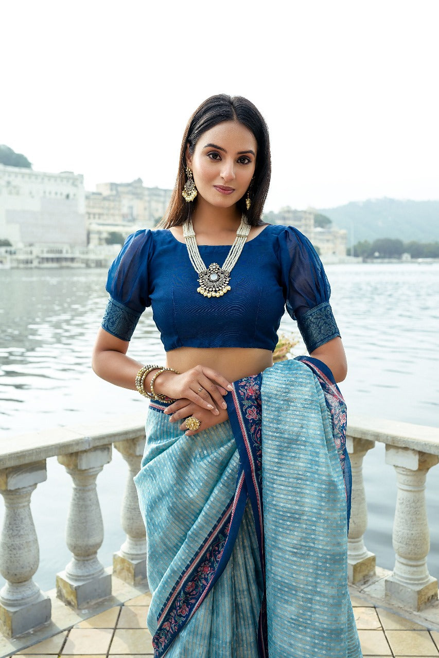 Blue Soft Silk Bhavna Printed Saree with Zari Pallu & Contrast Floral Border