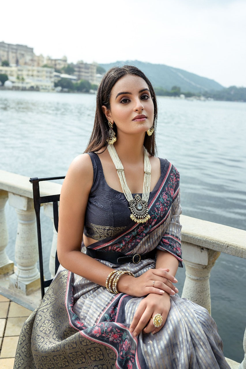 Grey Soft Silk Bhavna Printed Saree with Zari Pallu & Contrast Floral Border