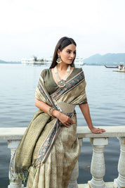 Mehendi Bhavna Soft Silk Printed Saree with Zari Pallu & Contrast Floral Border