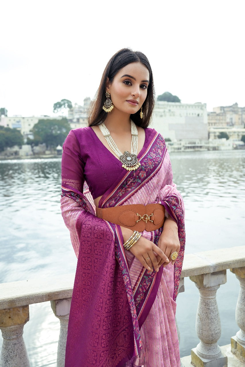Pink Soft Silk Bhavna Printed Saree with Zari Pallu & Contrast Floral Border
