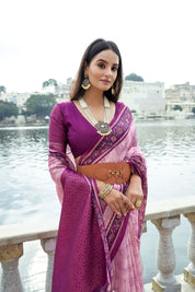 Pink Soft Silk Bhavna Printed Saree with Zari Pallu & Contrast Floral Border