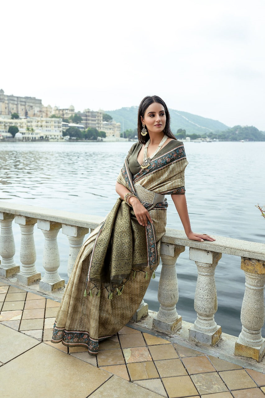 Mehendi Bhavna Soft Silk Printed Saree with Zari Pallu & Contrast Floral Border
