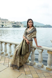 Mehendi Bhavna Soft Silk Printed Saree with Zari Pallu & Contrast Floral Border