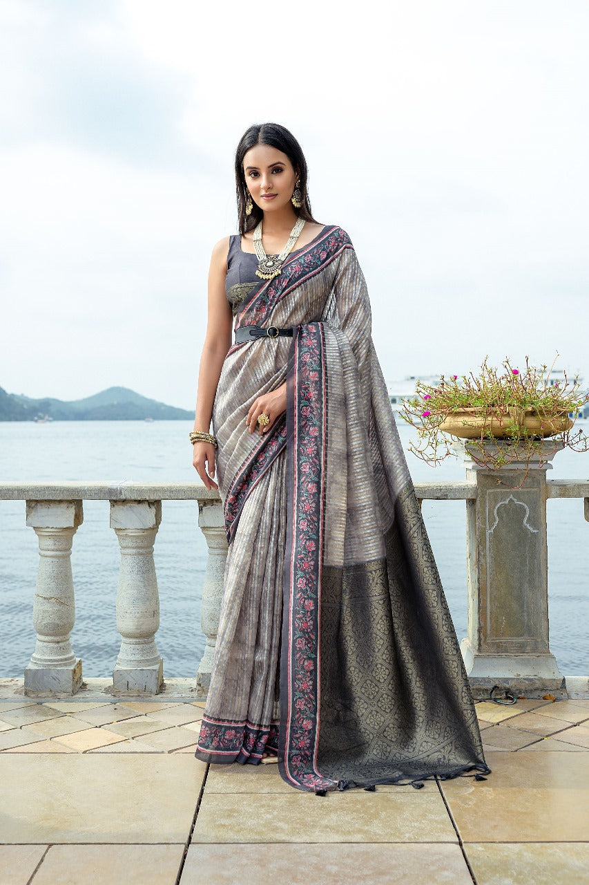 Grey Soft Silk Bhavna Printed Saree with Zari Pallu & Contrast Floral Border